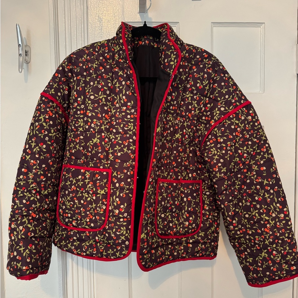Floral Quilted Jacket with Red Trim